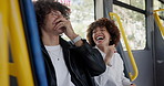 Talking, laugh and friends on bus in city by window for morning commute, journey and trip together. Public transport, travel service and happy man and woman in funny conversation, chat and speaking