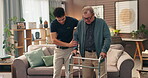 Caregiver, old man and helping hand with walker for support, assisted living facility or nursing home for wellness. Senior care, health and elderly person with healthcare worker for mobility or walk