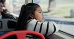 Bus, thinking and girl with window, child and daydreaming with wonder, thoughtful and ponder. Passenger, traveller and kid with vehicle, relax and calm with break, urban town or public transportation