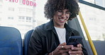 Bus, happy man and travel with mobile for chat, online map and message with contact. Laughing, male person and passenger with smartphone for location app, social media and commute in public transport