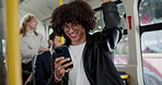 Bus, man and travel with smartphone for social media, online map and communication with contact. Public transport, happy person and passenger with mobile for location application, chat and commute