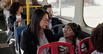 Travel, mom and child in bus, morning and bonding with daughter on journey, talking and family with smile. Commuting, woman and girl with parent in public transport, conversation and kid in vehicle