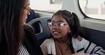 Travel, mom and child in bus, talking and bonding with daughter on journey, morning and family with smile. Commuting, woman and girl with parent in public transport, conversation and kid in vehicle