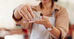 Hands, person and molding clay at pottery workshop for artistic process, sculpture design and shape. Closeup, potter and ceramic for craft production, mud texture and technique with handmade product
