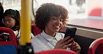 Bus, woman and smile with smartphone for communication, travel map and chat with contact. Public transport, female person and happy passenger with mobile for location app, commute and message in city
