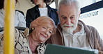 Bus, senior couple and smile with tablet for streaming service, map application and travel. Public transport, elderly woman and old man with digital to check location, commute and bonding together