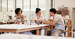 People, potter and explain for pottery class with sculpture design, learning technique and craft process. Instructor, teaching and guide for mold production, ceramic demonstration and creative course