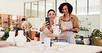 Pottery, friends and selfie of women with ceramic for social media, online post and creative influencer. Art studio, workshop and people on smartphone for photo of hobby, clay object and sculpture