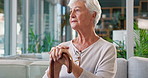 Thinking, regret and elderly woman with stick in living room of retirement home with dementia. Trauma, alzheimer or lonely senior female person with disability, sad memory nostalgia or depression