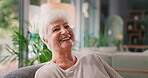 Relax, smile and face of old woman on sofa for retirement, nursing home and peace. Calm, elderly care and happiness with portrait of senior person in living room of house for wellness as pensioner
