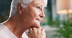 Senior woman, thinking and dream with regret for old memory, alzheimers or dementia at home. Elderly, female person or wonder with thought in retirement for past, nostalgia or loneliness at house