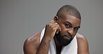 Beard, beauty and face of black man in studio for shower, shampoo and grooming. Hairstyle, self care and cosmetics with portrait of person on gray background for barber, skincare and dermatology