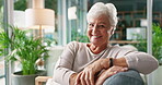 Relax, calm and face of old woman on sofa for retirement, nursing home and peace. Smile, elderly care and happiness with portrait of senior person in living room of house for wellness as pensioner