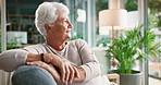 Elderly woman, thinking and sofa with dream for old memory, alzheimers or dementia at home. Senior, female person or wonder with thought in retirement for past, nostalgia or loneliness at house