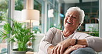 Laughing, smile and face of old woman on sofa for retirement, nursing home and peace. Calm, elderly care and happiness with portrait of senior person in living room of house for wellness as pensioner