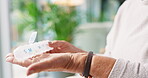 Pills, medicine and box with hands of old woman for healthcare schedule, diabetes tablets or healing. Medical drugs, prescription capsule or elderly care with closeup of senior person in nursing home