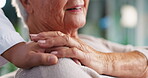 Doctor, senior woman and holding hands for support of recovery, compassion and medical diagnosis. People, empathy and console patient for wellness, healthcare services and helping of treatment advice