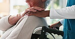 Caregiver, senior woman and holding hands for support of recovery, compassion and medical diagnosis. People, empathy and console patient with disability, healthcare services and helping for treatment