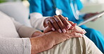 Caregiver, senior person and holding hands for comfort of bad news, compassion and medical diagnosis. People, tablet and console patient for healthcare report, recovery progress and treatment support