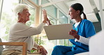 Nurse, tablet and high five with old woman on sofa for medical records, treatment success and retirement. Healthcare advice, online and consulting with people in nursing home from low angle for app