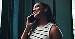 Business, woman and phone call, happy for negotiation with smile for deal or real estate sale. Realtor, communication and person with property contact or discussion, client and online consultation