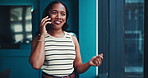 Phone call, business and woman in office, conversation and chatting with ideas for article. Person, employee and journalist in workplace, smile and smartphone with communication, talk and digital app