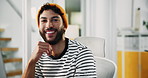 Face, smile and business man in home office for remote work, editing or copywriting. Portrait, happy worker and professional freelancer, content writer or creative employee with confidence in Brazil