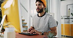 Office, creative agency and businessman with computer for typing, copywriting and proofreading story. Thinking, male person and editor with tech for article research, newsletter and blog information