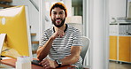Face, computer and happy business man in home office for remote work, editor or copywriting. Portrait, creative worker or professional freelancer, content writer or employee with confidence in Brazil