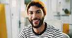 Face, computer and happy businessman in office for editing, copywriting and startup. Portrait, creative worker and professional with smile, content writer and employee with confidence in Brazil