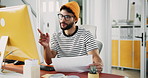 Man, computer or paper in business for creativity, article editing or review in creative office. Writer, pointing or technology in agency for website update, topic research or document for planning