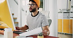 Businessman, computer or document at desk for creativity, article editing or review in creative office. Journalist, typing or tech in agency for website update, topic research or paper for planning
