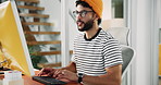 Man, computer or typing in business for creativity, article editing or review document in creative office. Writer, paper or technology in agency for website update, topic research or online planning