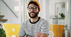 Face, confidence and happy businessman in office for editing, copywriting and startup. Portrait, creative worker and professional with glasses, content writer and employee with arms crossed in Brazil