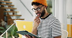 Business, tablet and man with smile, web design and creative project with problem solving. Person, social media and entrepreneur in modern office, tech and ideas with online schedule and thinking