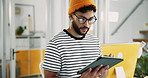 Business, tablet and man in office, web design and creative project with research for agency. Person, freelancer and entrepreneur in workplace, technology and ideas with online schedule and internet