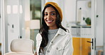 Face, creative and happy businesswoman in office with fashion magazine editor in startup. Portrait, confident employee and professional worker with smile, writer and publisher with vision in India