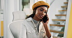 Office, creative agency and businesswoman with phone call for talking, article planning and source. Communication, female person and journalist with computer for mobile, story feedback and contact