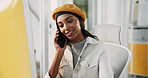 Office, creative agency and businesswoman with phone call for discussion, article questions and source. Laughing, female person and journalist with computer for mobile, talking and contact for story