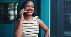 Business, woman and finish phone call with smile, scroll or notification with complete deal or negotiation for property. Realtor, communication and done for real estate contact or end discussion