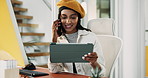 Office, tablet and businesswoman with phone call for communication, story questions and online source. Talking, female journalist and computer with mobile for contact, facts and verification for news