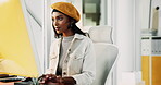 Online, typing and woman with computer, office and writer with tech for novel, creative and project. Business, author and planning for story on website, digital and editing of literature or fiction