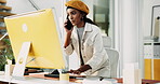 Creative woman, talk and phone call with computer for discussion, questions and schedule story. Female journalist, speaking and mobile with media news, article feedback and information of publication