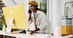 Smile, woman and typing on computer with phone call for discussion, questions and schedule story. Female journalist, talking and mobile for media news, article feedback and information of publication