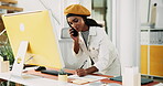 Creative woman, writing and phone call with computer of discussion, questions and schedule story. Female journalist, talking and mobile for news notes, article feedback and information of publication