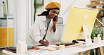 Woman, writing notes and phone call with computer for discussion, questions and schedule story. Female journalist, talking and mobile with media news, article feedback and information for publication
