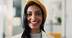 Face, startup and creative business woman in office with fashion magazine editor. Portrait, confident employee and professional worker, trend writer and happy publisher with pride for career in India