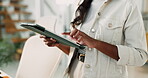 Tablet, scroll and research with hands of business woman in office for client feedback, communication and company website. Typing, communication and email with closeup of employee in agency for chat