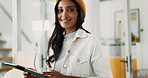 Face, tablet and happy business woman in office with fashion magazine editor. Portrait, creative and professional worker with technology for clothing trend, research and publisher online in startup