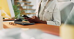 Phone, scroll and research with hands of business woman in office for client feedback, communication and company website. Typing, communication and email with closeup of employee in agency for chat
